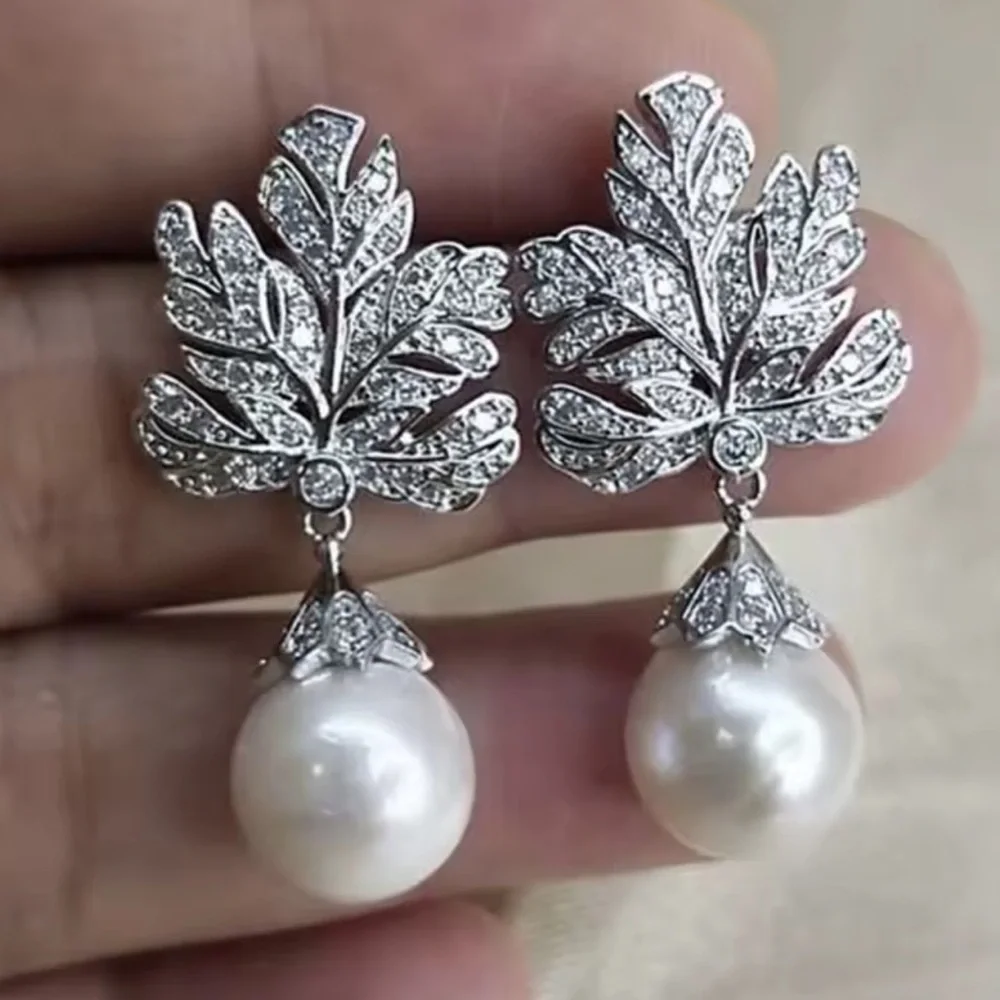 Couture Leaf Diamond Pearl Earrings